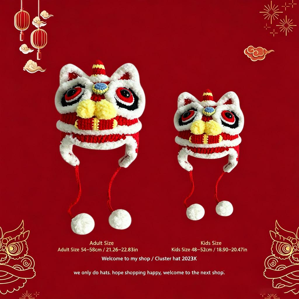 Hand‑Crochet Chinese Lion Dance Hat, Traditional New Year Knit Earflap Winter Party Festival Gift Beanie