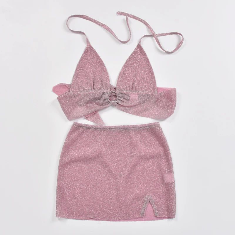 

Прозрачный шелковый комплект с открытой спиной Кроп-топ с открытой спиной Просвечивающий костюм из яркой шелковой юбки Pink L