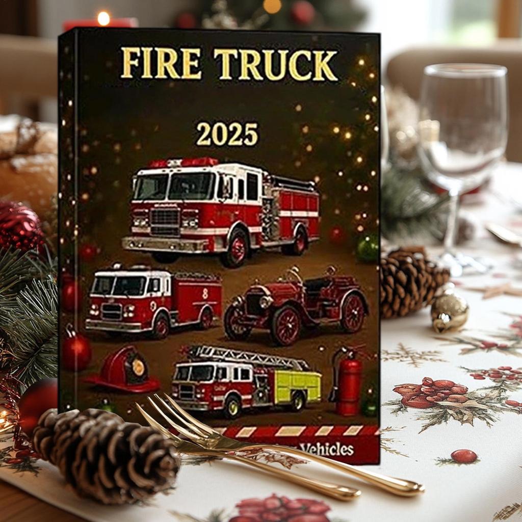 Fire Truck Advent Calendar 2025, 24 Days of Christmas Advent Calendar Boxes, 2D Flat Fire Engines, Ladder Trucks, Rescue Units, Vehicles Set Gift