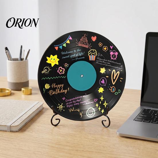 Hand Painted Vinyl Art Record DIY Graffiti Clock Ornament, Blank Acrylic Retro Tabletop Wall Decorations Decor with Stand, Reusable Personalized