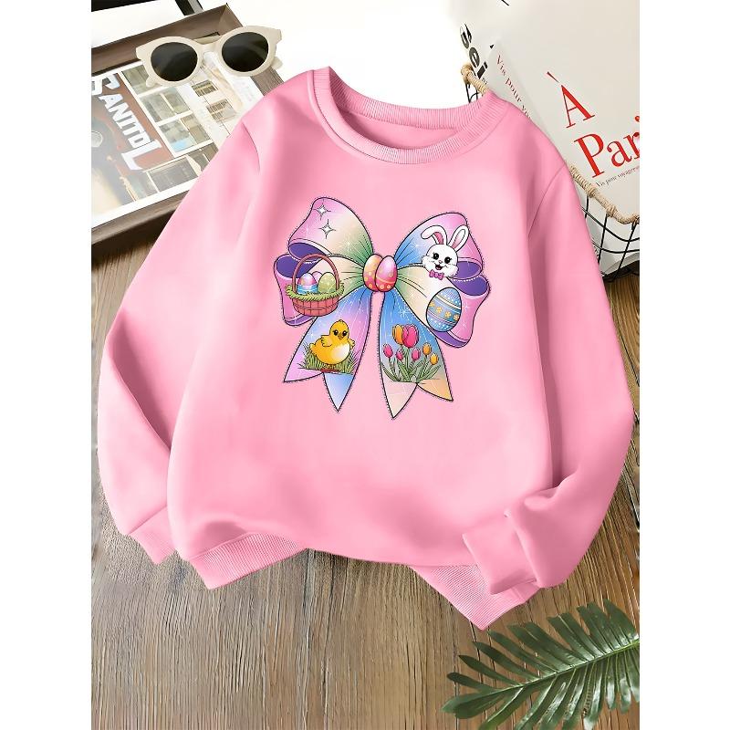Kids Unisex Crewneck Sweatshirt, Pastel Bow Easter Bunny Chick Egg Tulip Print Soft Fleece Long Sleeve Pullover For Boys Girls Over 4 Years Old
