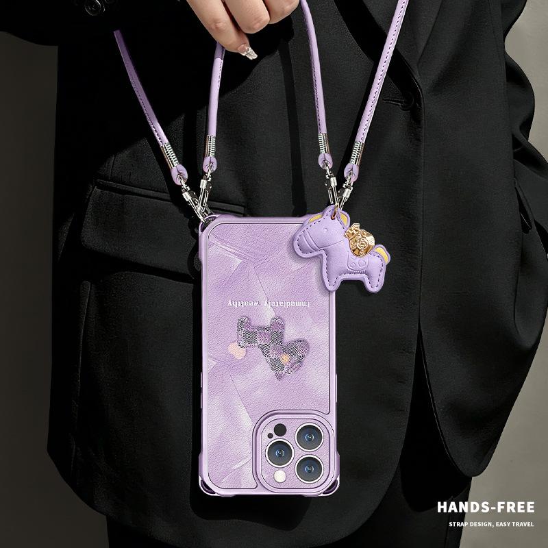 Purple pony applies to iphone17promax iPhone 13 mobile phone case 15 four-corner lanyard 16 crossbody 14 silicone