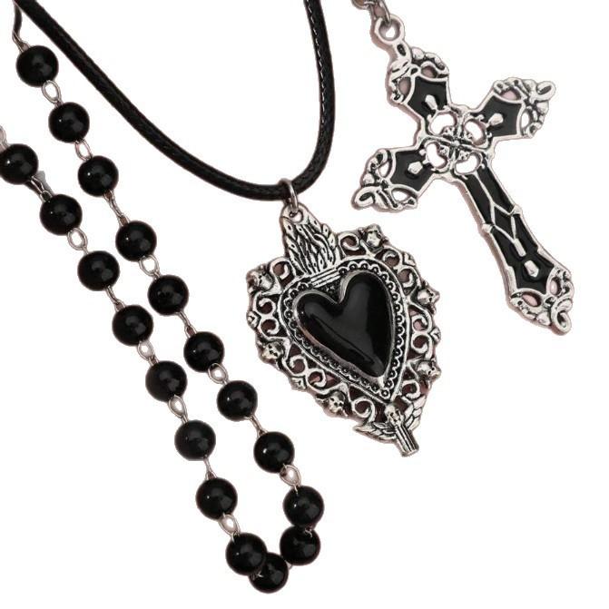 Gothic Vintage Heart Pearl Cross Pendant Necklace With Alloy Chain For Women