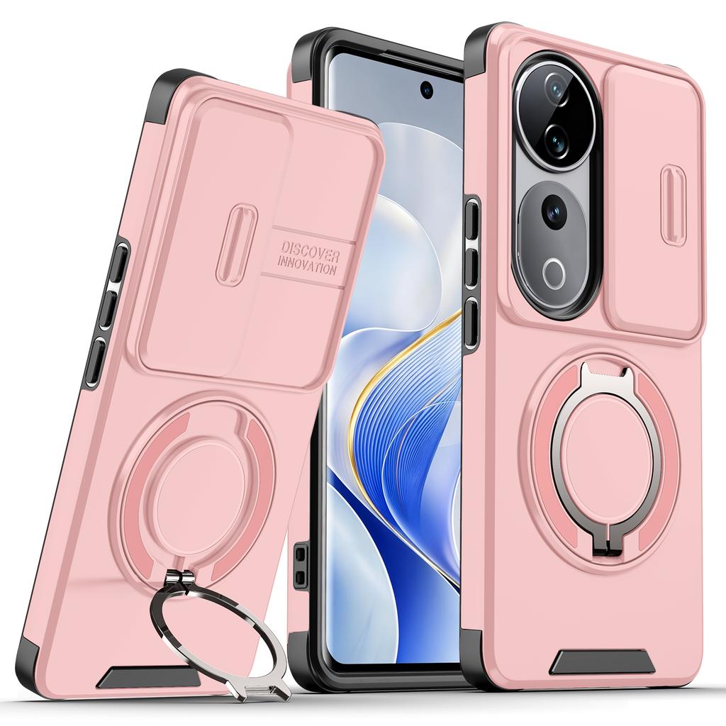 Magnetic Metal Ring Stand Armor Case For VIVO V40 Pro 5G Slide Push Window Lens Protection TPU Frame Hard Plastic Phone Cover