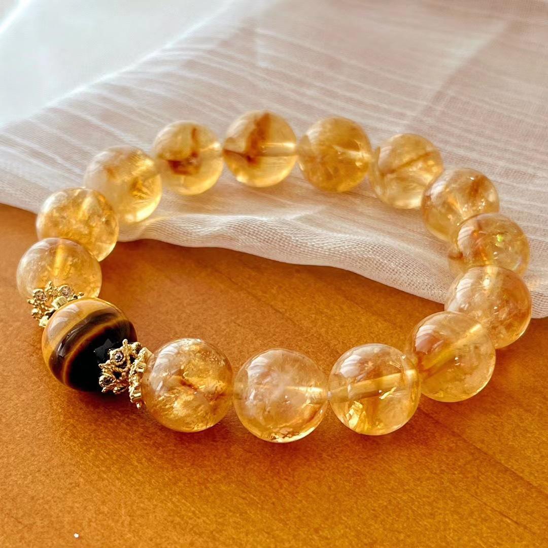 12Mm Large Particle Retro Natural Citrine Tiger S Eye Stone Bracelet Atmosphere Beaded Bracelet Maillard