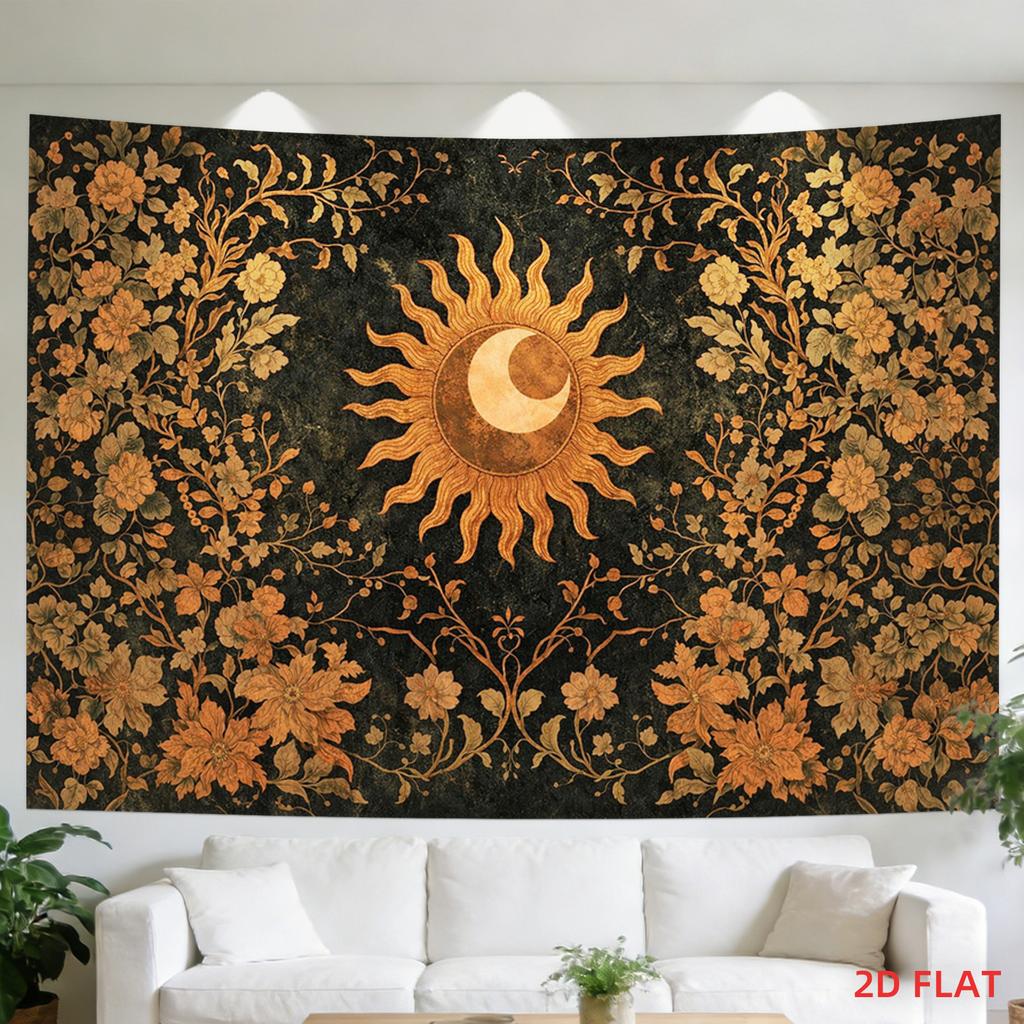 2D Flat - 2D Flat - A Tapestry Featuring Large And Small Patterns of The Moon, Sun, And Floral Designs on a Dark Background, Perfect for Decorating Wa