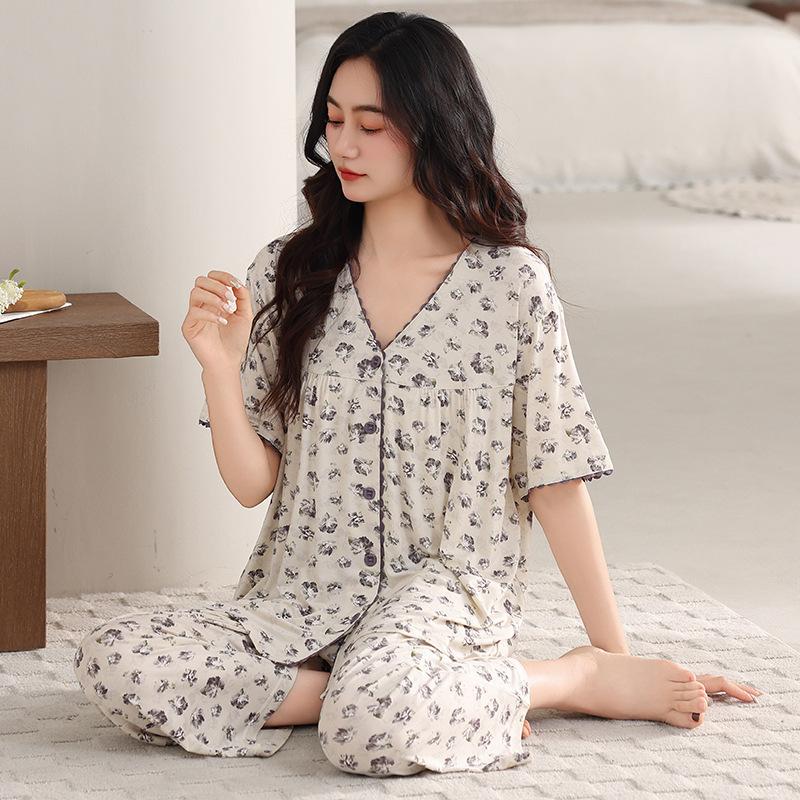 Pajamas women's summer Modal short-sleeved cropped pants thin summer new cotton silk can be worn outside plus size loungewear