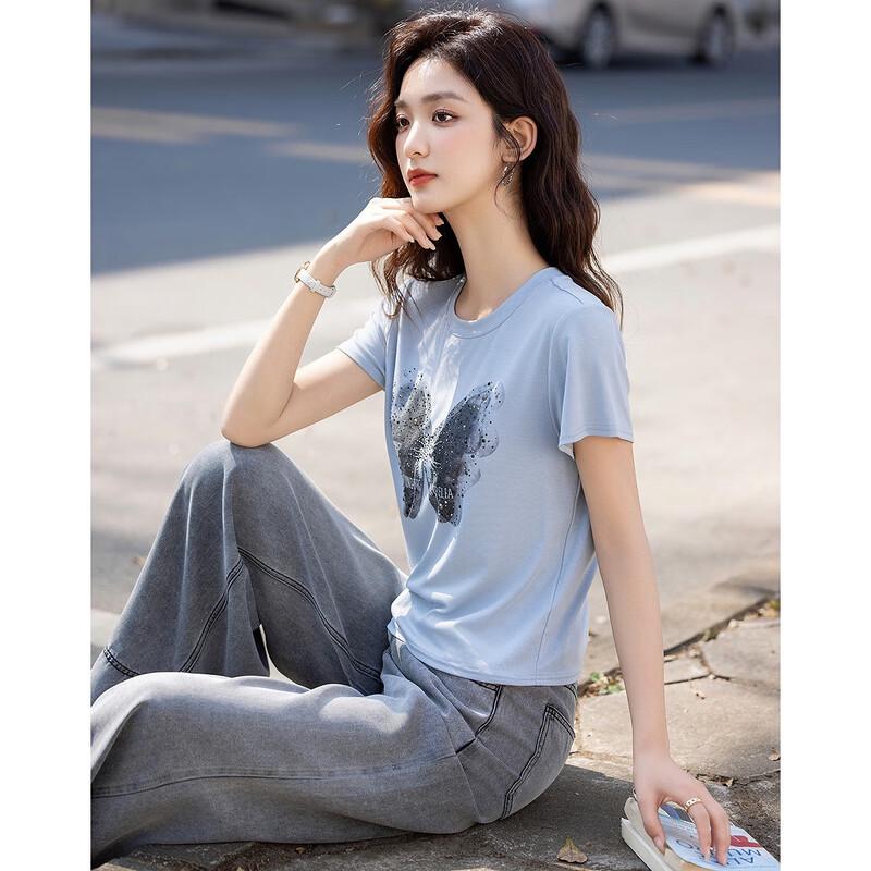 Demana Women's Tencel Blend Butterfly Print Short-Sleeve T-Shirt
