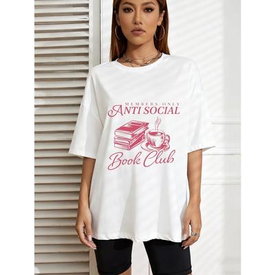 Übergroßes T-Shirt mit rosafarbenem Buch- und Kaffeetassen-Aufdruck – "Anti Social Book Club" Literarisches Vintage-Buchclub-Themenoberteil