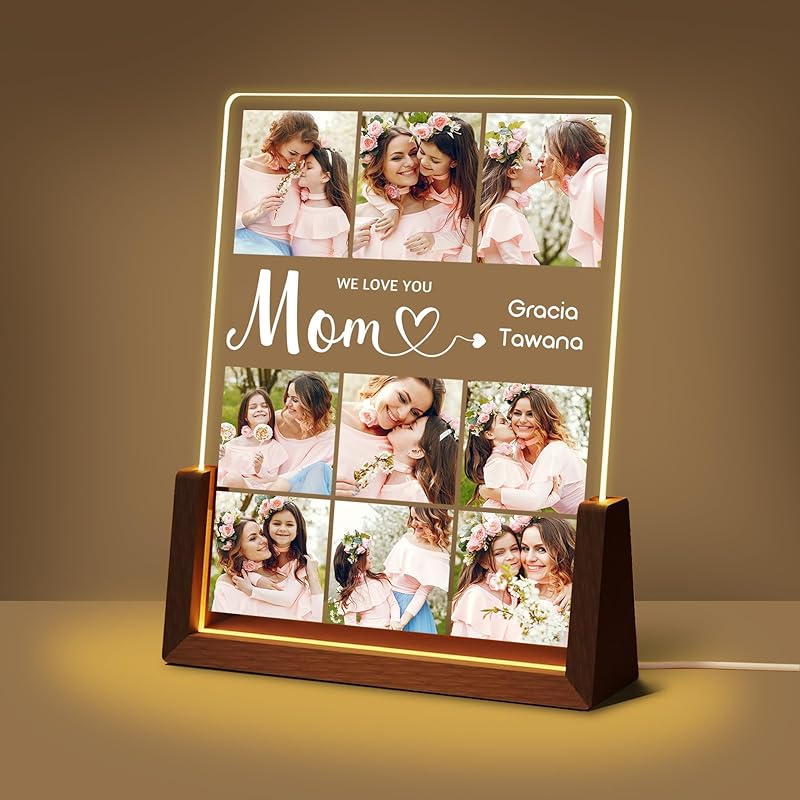Personalized Mothers Day Unique Gifts for Mom Wife, Mom Gifts from Daughter Son Husband, Custom Acrylic Night Light Picture Frame with Photo Name,