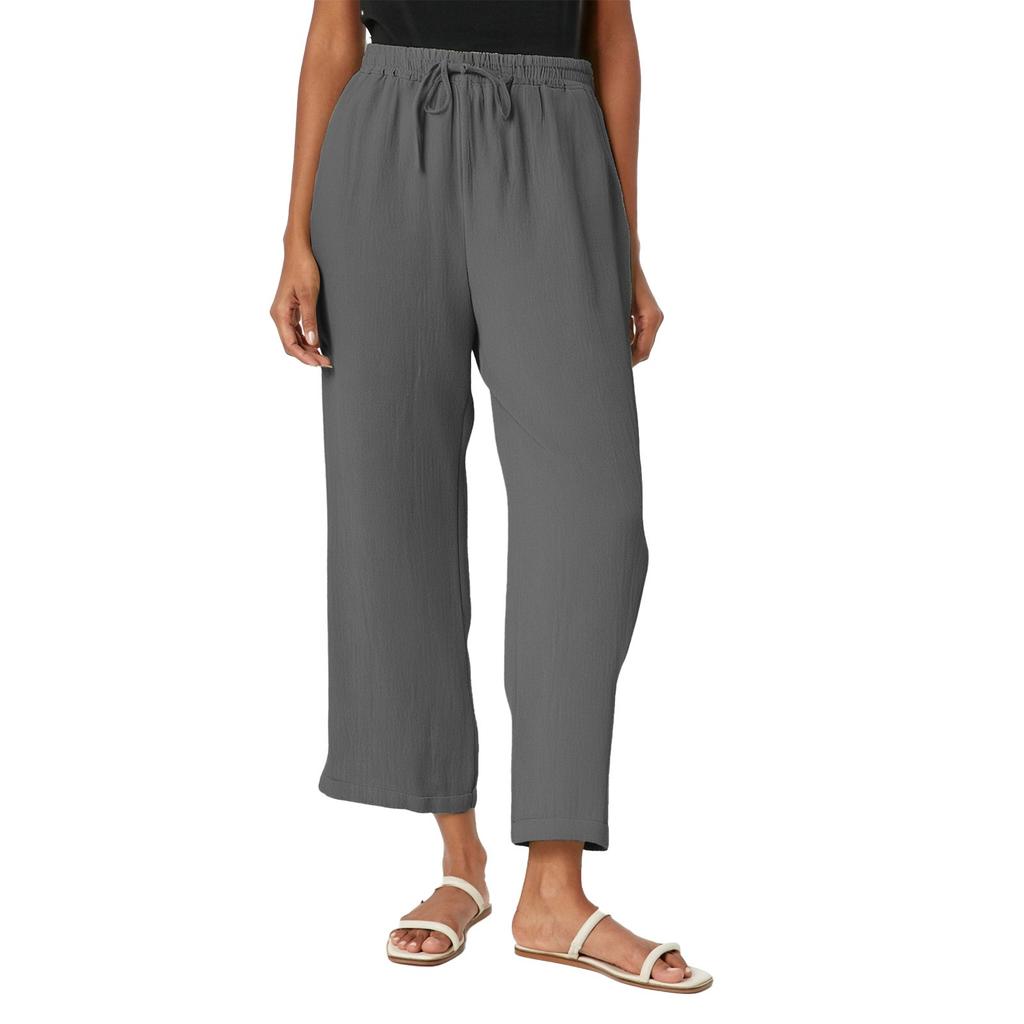 Dámské jednobarevné bavlněné a lněné kalhoty s kapsami a elastickým pasem, volnočasové kalhoty