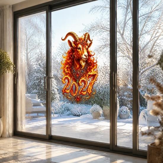 Flame Textured Sheep Pattern Chinese New Year Window Sticker, 2027 Goat Static Clings, Winter Festival Glass Decor Reusable Lunar Xmas for Home