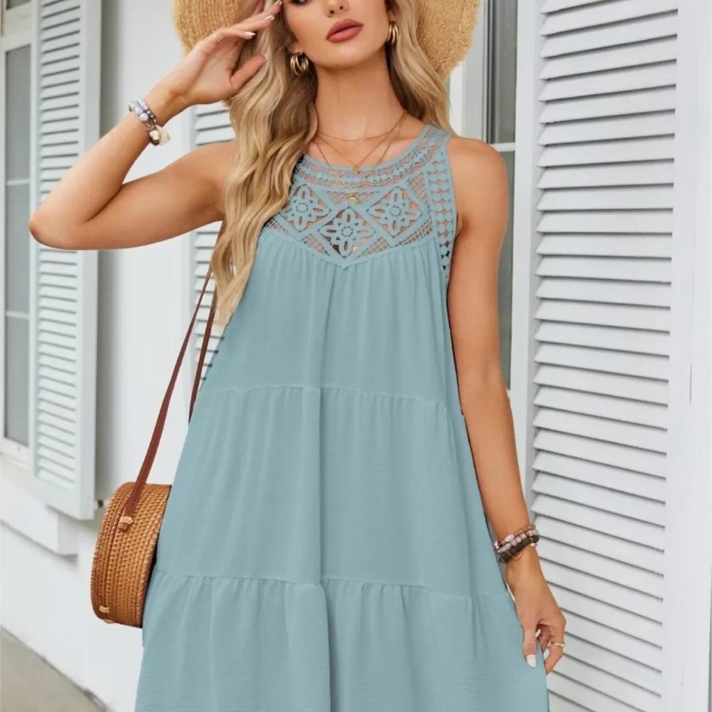Women Summer Beach Mini Dresses Halter Sleeveless Sexy Loose A-Line Hollow Out Lace White Bohemia Dress Pleated Solid Sundress