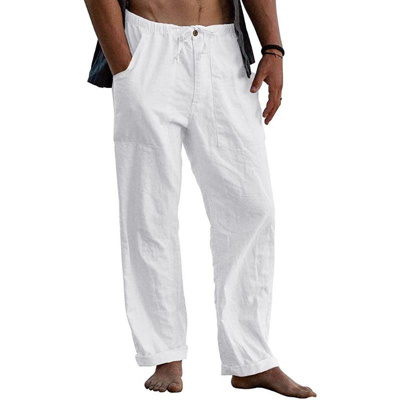 Cotton and Linen Pants Yoga Beach Loose Casual Pants Waist Drawstring with Pocket Men’s Casual Pants