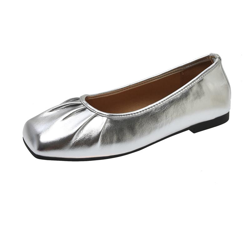 

2024 Модные однотонные женские туфли с квадратным носком на весну и осень, универсальные плиссированные туфли на плоской подошве с закрытым носком 35