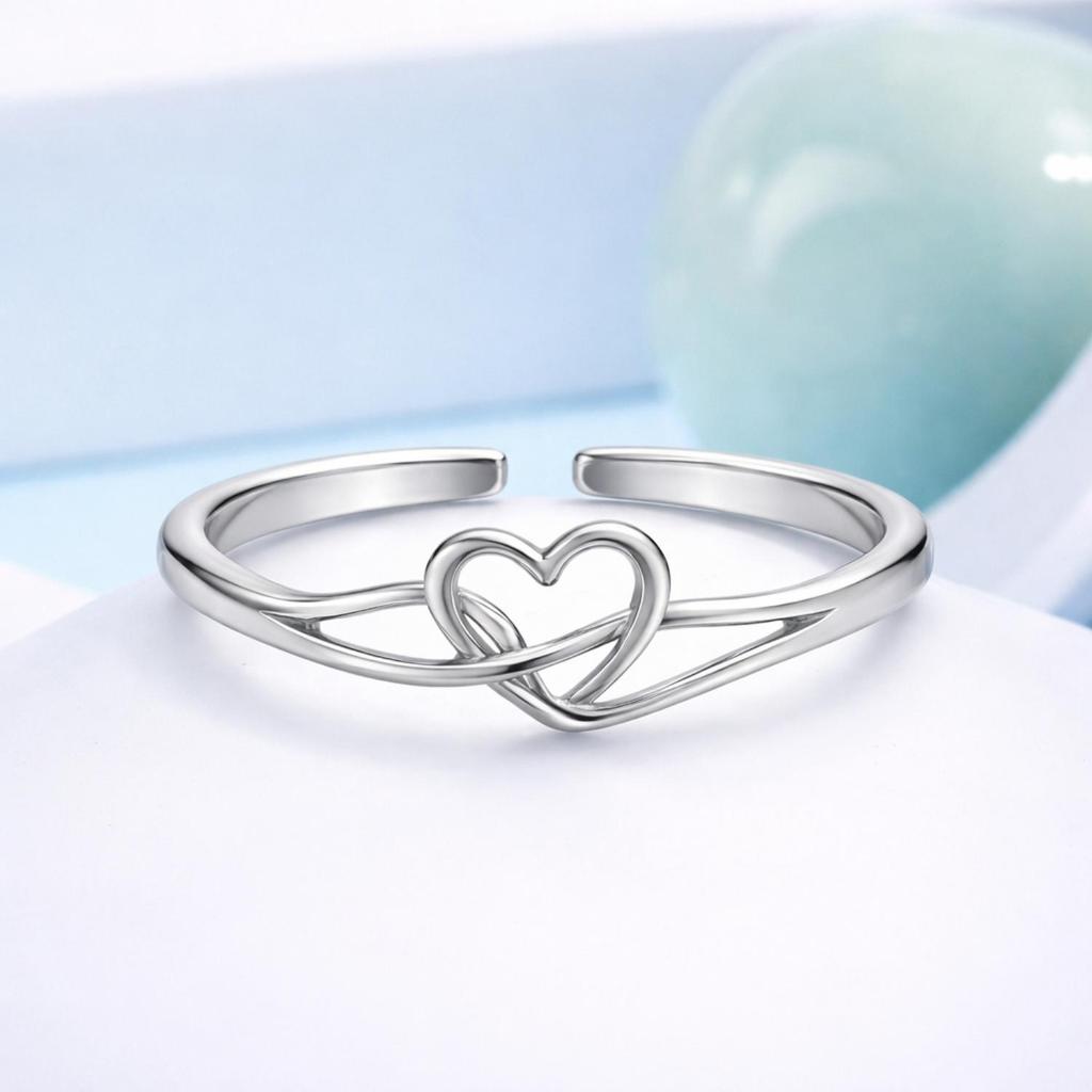 Intertwined Love Knot Heart Adjustable Open Ring –925 Sterling Silver