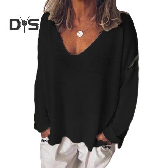 

Женская футболка с V-образным вырезом и длинным рукавом, свободная футболка, однотонная, дышащая, повседневная, пуловер, топы, повседневная одежда S чёрный