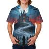 Men's Halloween Print V-Neck Scrub Top with Pocket Short Sleeve Uniform Shirt