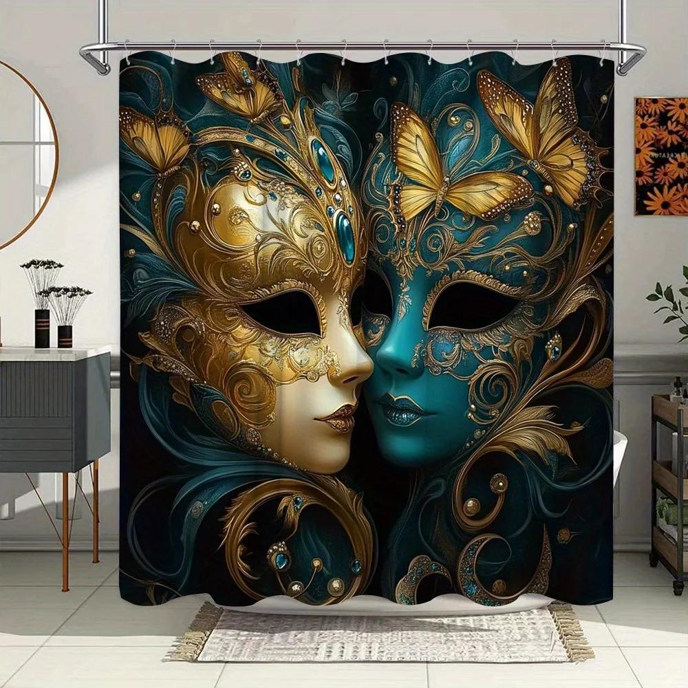 

Elegant Venetian Masks Shower Curtain For A Luxurious Bathroom, Featuring Intricate Gold And Blue Designs With Butterflies. W60H190(CM)-1 Pcs