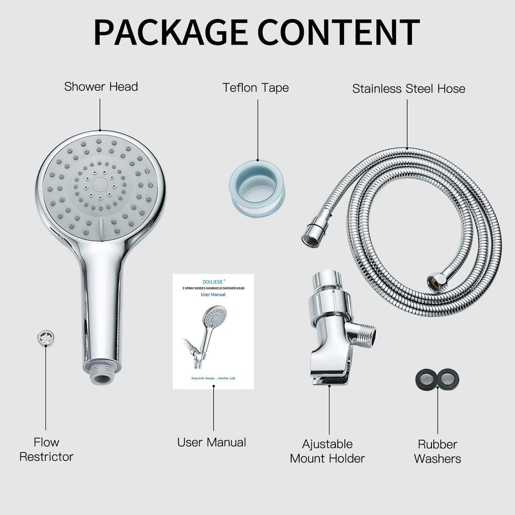 DOILIESE Shower Heads with Handheld Spray 5-Mode Hand Held Shower Head with Long Hose, High Pressure and Detachable, with Hose 60 Inch, Chrome