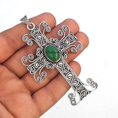Groene Onyx Edelsteen 925 Sterling Zilver Verguld Kruis Hanger Sieraden NNCE-435