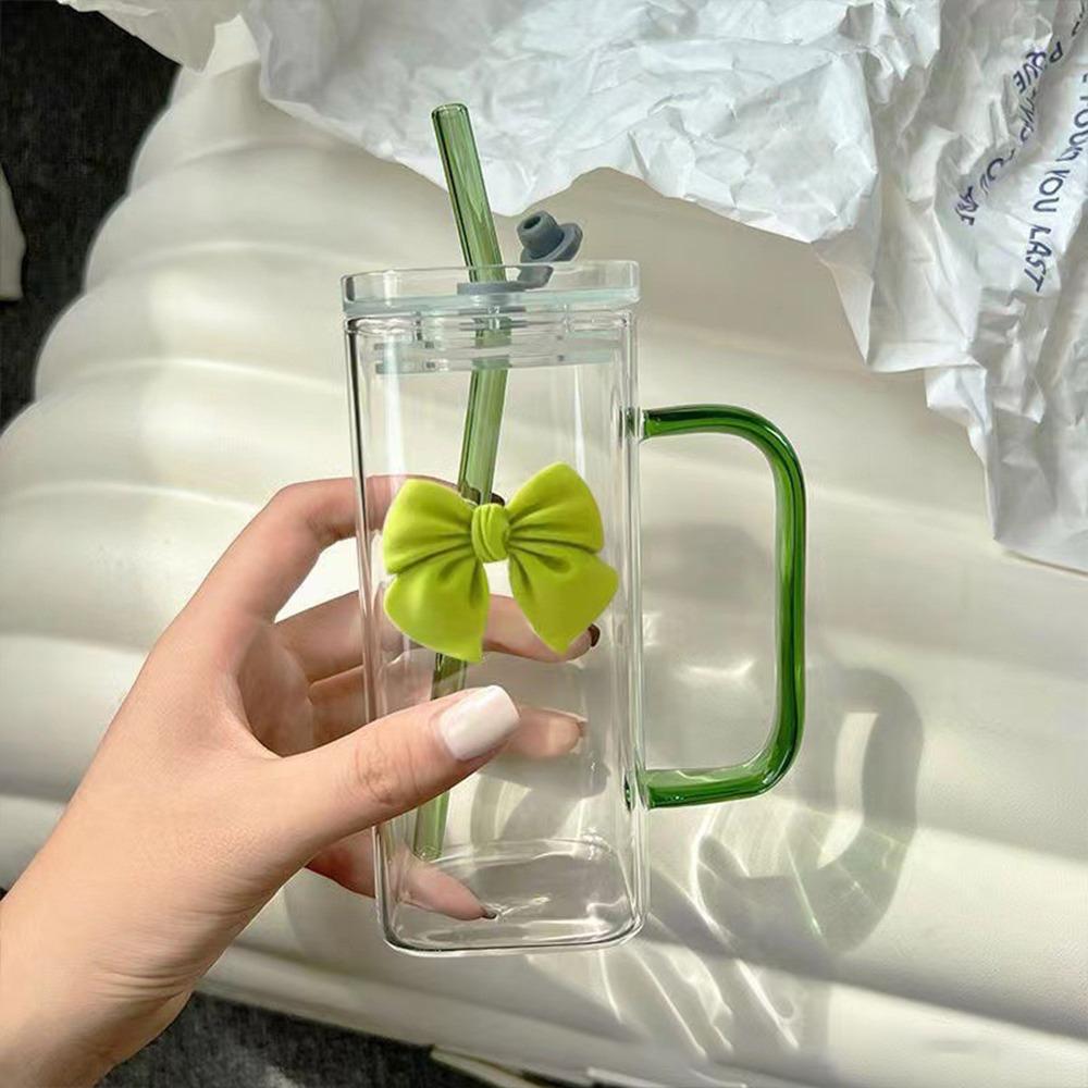 Versatile High Temperature Resistant Matcha Glass With Lids Capacity Glass Straw Cups Bowknot Glasses for Drinking Milk