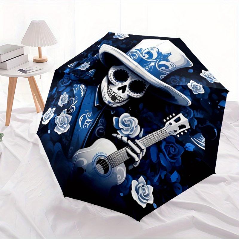 

1pc Day of the Dead Skull with Guitar - Auto Open Close Umbrella, Portable Folding Design, 8-Bone Iron Frame, Outdoor Umbrella, Festival Gift for
