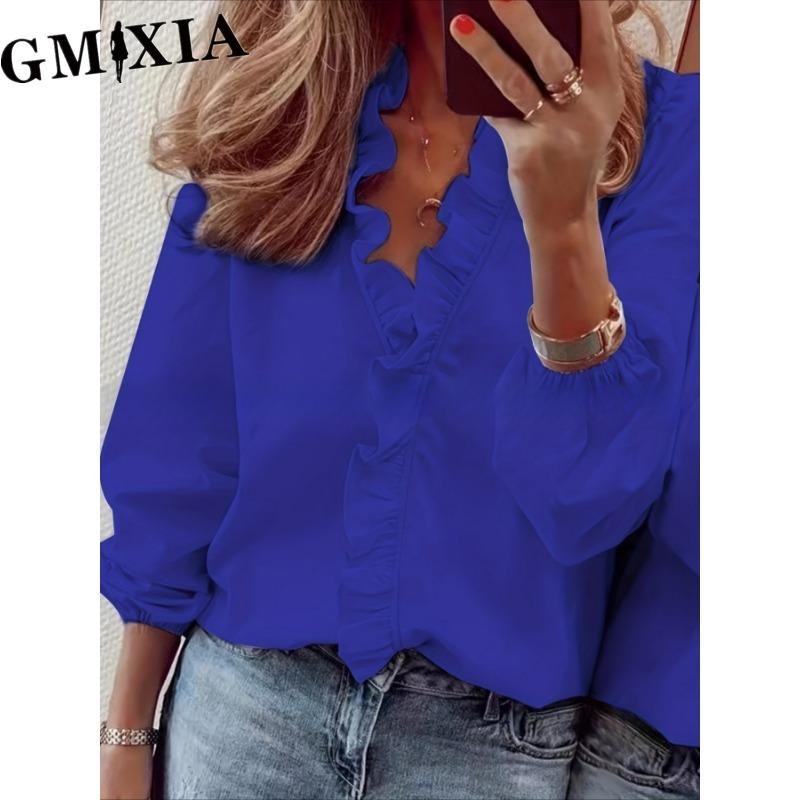 

GMXIA Женская мода Повседневный досуг Однотонный принт Длинный рукав V-образный вырез Блузки и рубашки XXXXXL темно-синий