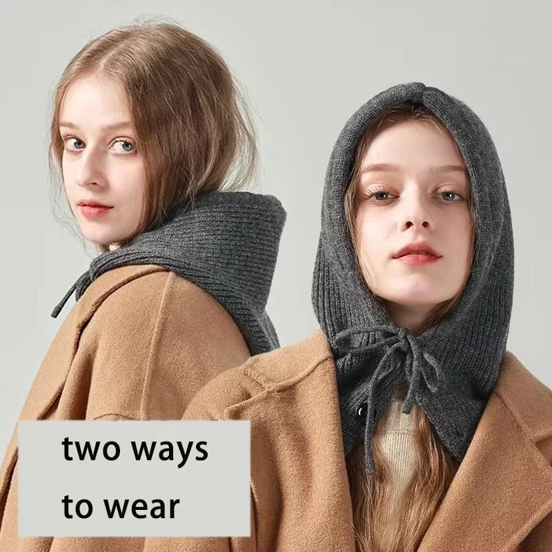 Winter Knitted Hooded Scarf Hat Women Warm Ear Protection Cap Outdoor Cycling Cold-Proof Integrated Neck Warmer Fashion Hat