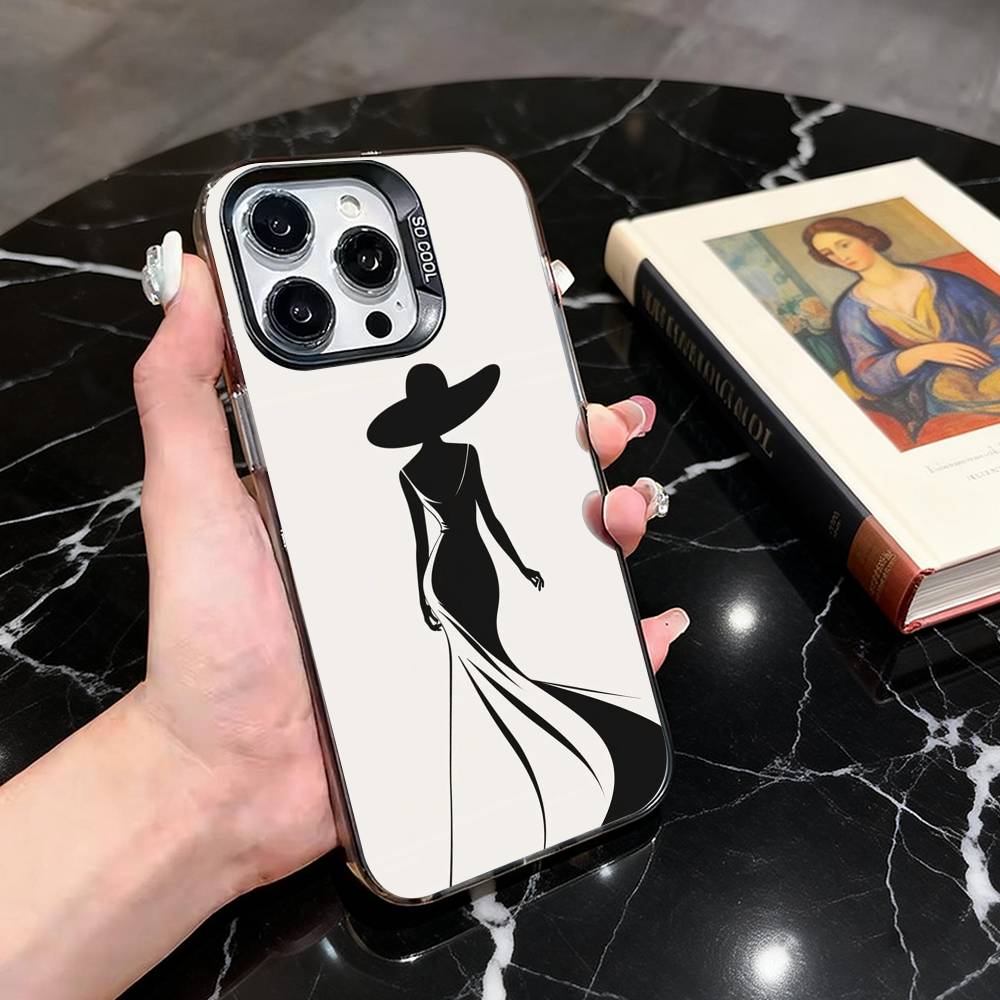 

Elegant Lady Silhouette Phone Case For iPhone 17,16,15,14,13,12,11 Plus,Pro Max,XS,Colored Silver Plated Inside Cover iPhone14Plus