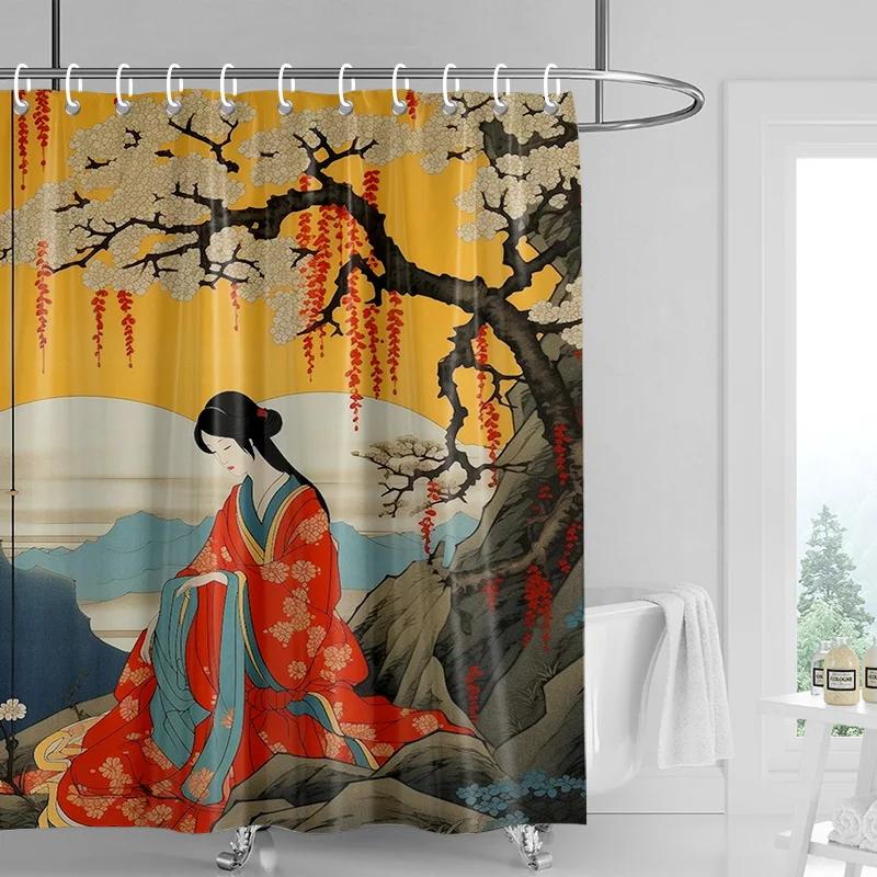 Japanese-style Gogi Retro Character Printed Shower Curtain Fading-resistant Bathroom Partition Curtain for Hotel Home Decoration