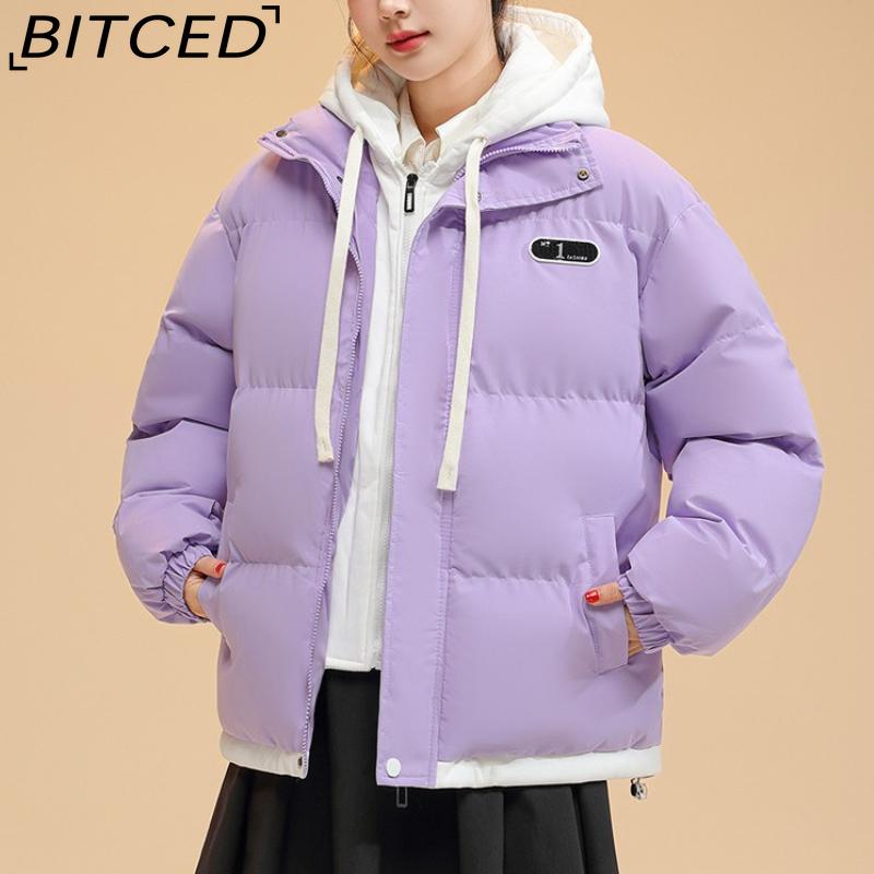BITCED Pseudo-Two-Piece Cotton Coat Unisex Winter Fashion Contrast-Colour Hooded Sweatshirt Thickened Warm Cotton Jacket