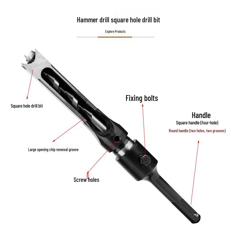 Electric Hammer Square Shank Drill Bit for Woodworking - Two Holes & Grooves