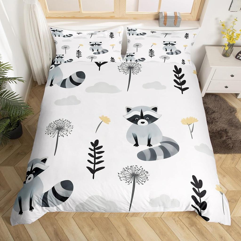 Waschbär Bettwäsche-Set für Jungen Kinder Mädchen Niedlicher Cartoon Wildtiere Bettbezug Liebevolle Tiere Bettdeckenbezug Polyester Steppdeckenbezug