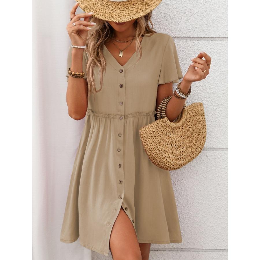 Summer Vacation V-neck Short Sleeved Ruffled Dress for Women Dress