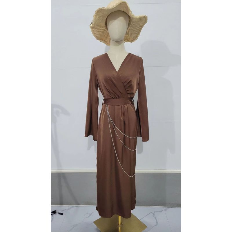 

Fashion New Arrival Elegant Flare Sleeve Waist-Tight Pure Color Dress Flare Sleeve Waist up Dress Brown L