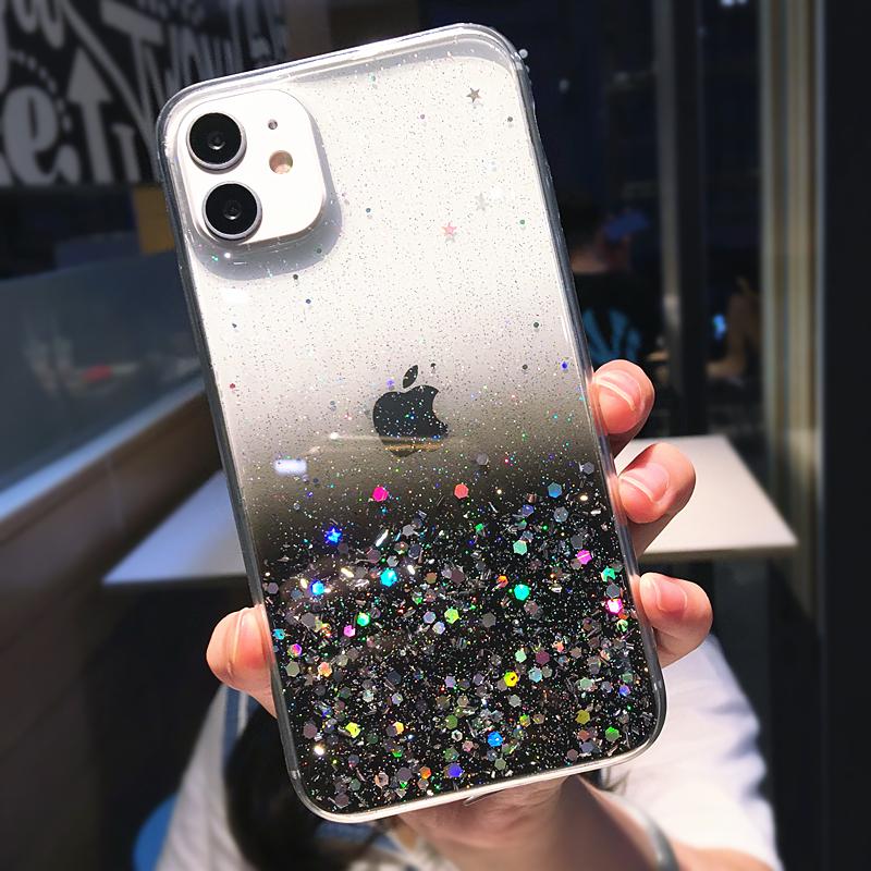 Luxury Purple Glitter Sequin Transparent Phone Case For iPhone 11 12 13 14 15 16 Pro Max XS X XR 7 8 Plus SE Soft Silicone Cover