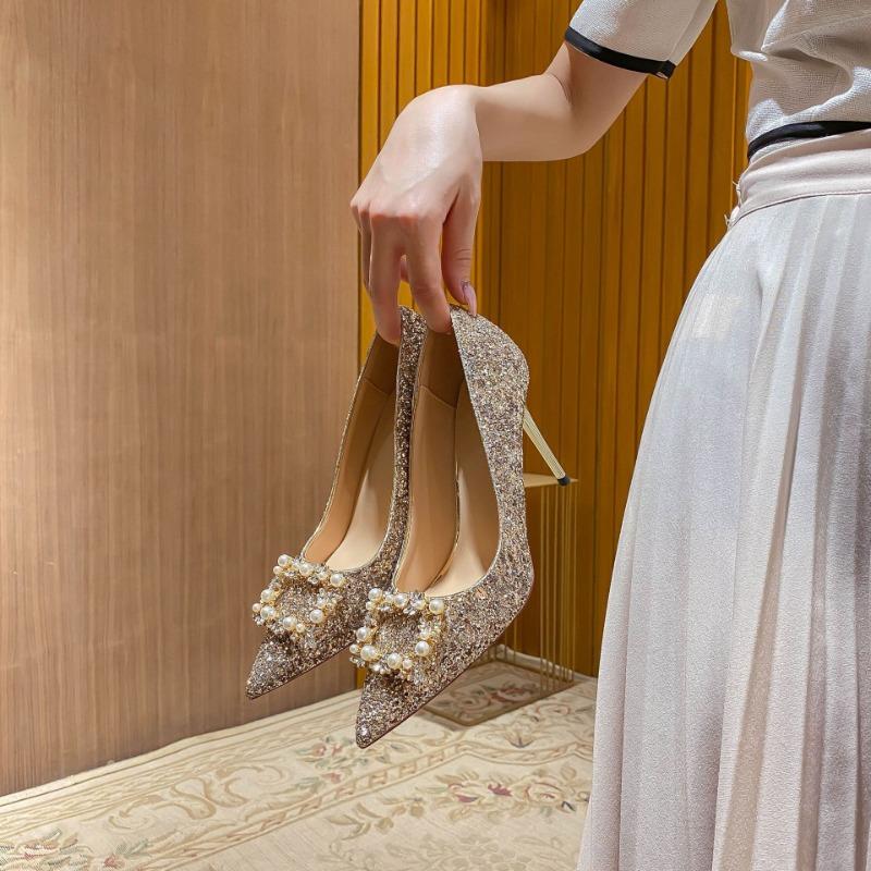 

Gold wedding shoes autumn new pointed pearl thin heel sequin light mouth wedding dress bridal high heels 34