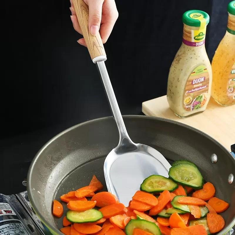 Stainless Steel Cooking Spatula Set With Wooden Handles For Home Kitchen