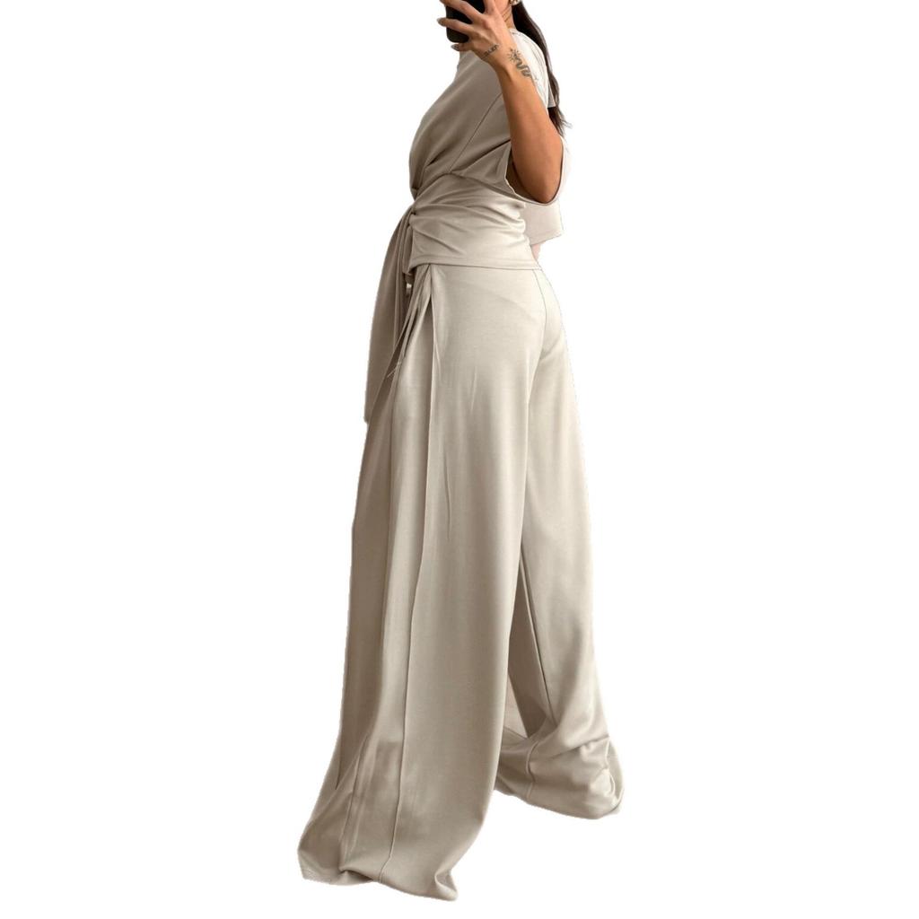European and American women's clothing new round neck short-sleeved lace-up waist top mopping floor wide-leg pants temperament set