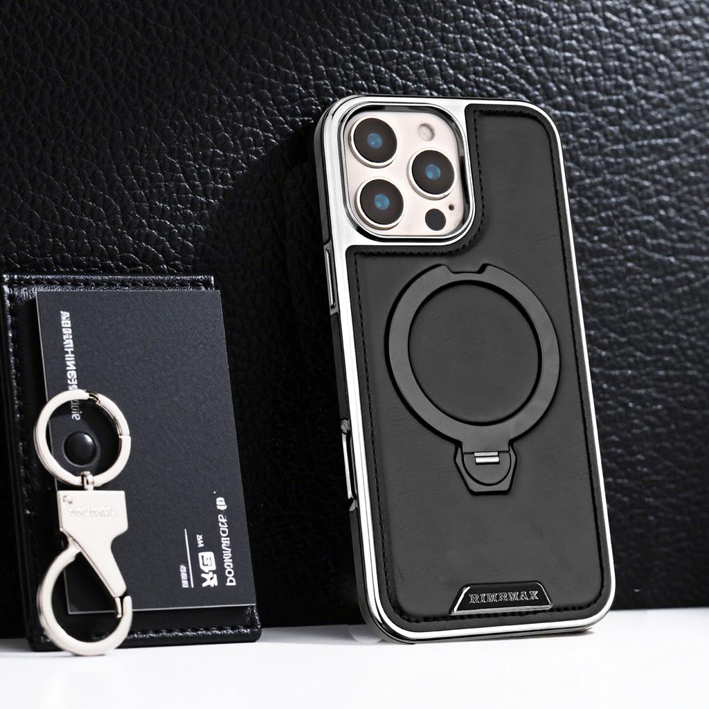 360 Rotating Bracket Luxury Magnetic Stand Ring Leather Case For iPhone 16 Pro Max 15 14 13 12 Magsafe Wireless Charging Cover
