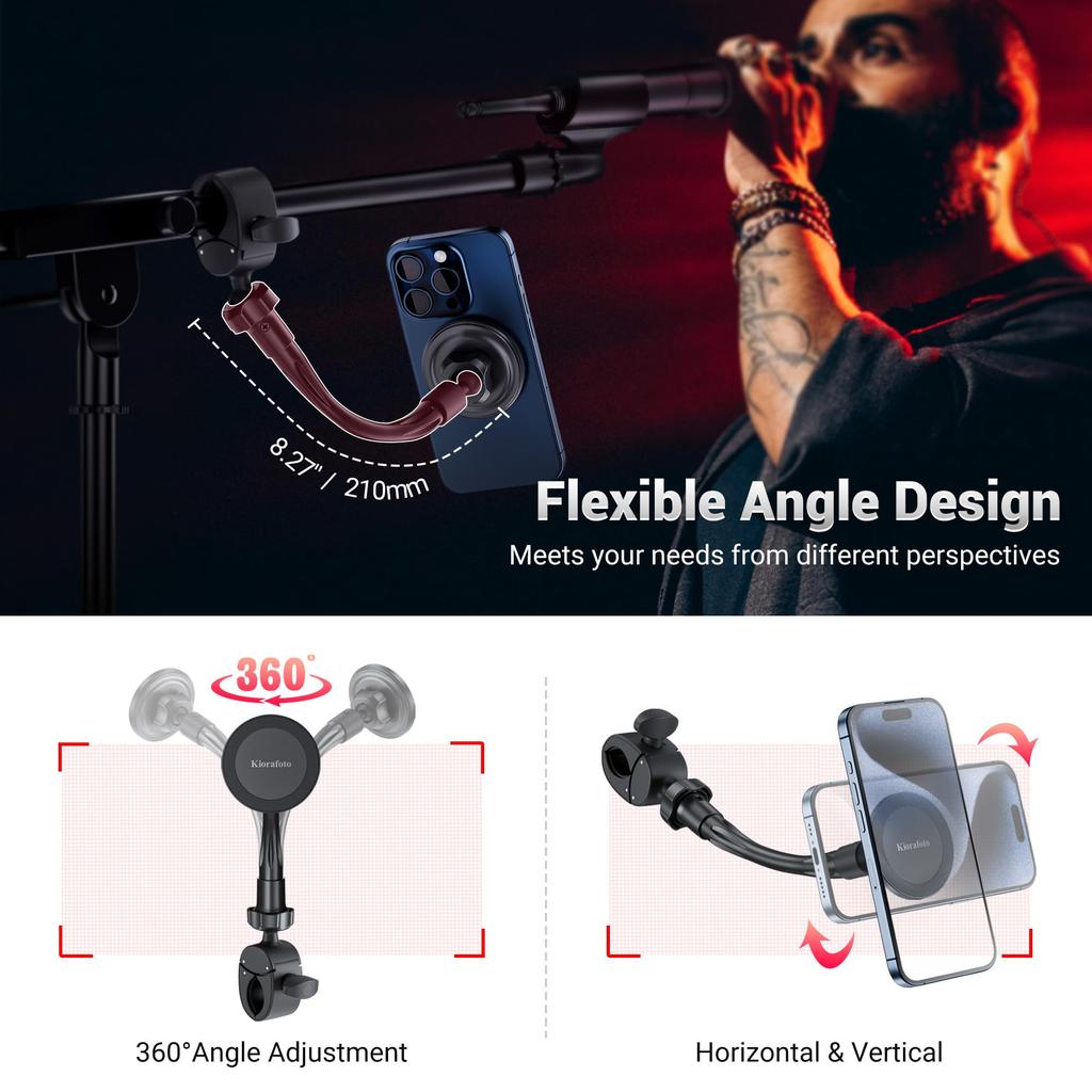 Magnetic Music Stand Phone Holder with Fitness Bike Clip, Smartphone Arm Stand with 360° Rotation, Compatible with iPhone 15, 14, 13, 12, Pro, Max,