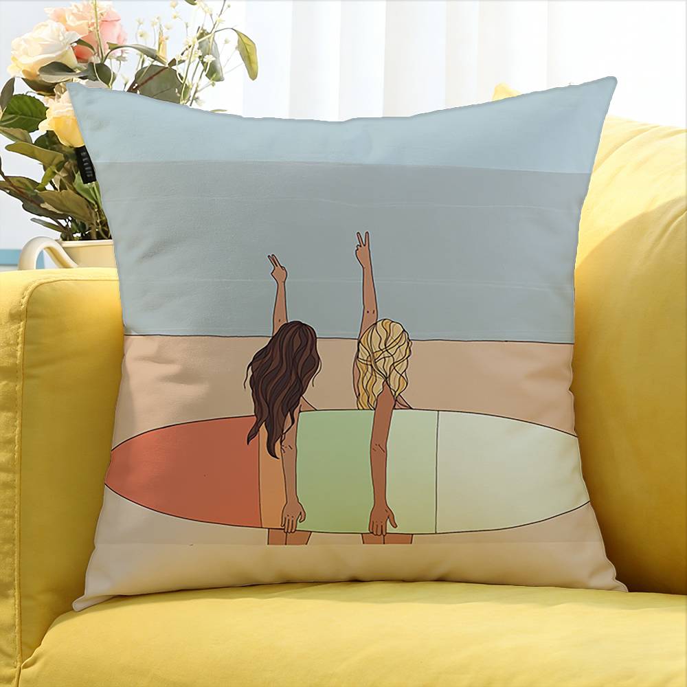 Surfboard Surfing Art Surf Girl Various Sizes Square Pillow Case For Car Home Bedchamber Decor