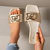 Fashion 2025 New Style Slippers with a Heart-shaped Square Toe, Large-sized Flat Bottom, Metal Buckle, One-shoulder Casual Beach Sandals