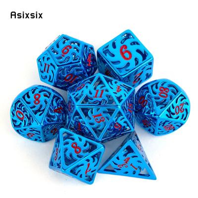 7 Pcs Blue Red Rotary Windmill Metal Dice Hollow Metal Polyhedral Dice Set Suitable for Role-Playing RPG  Board Game Card Game