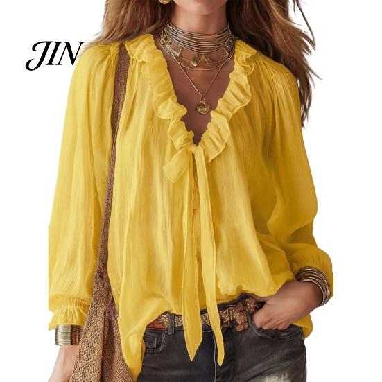 Skin-friendly Fabric Tops Women Chiffon Tops, Ruffle Splicing Collar V-Neck Blouse, Pure Color Loose Fit Summer Breathable Shirt Shirt, Lantern