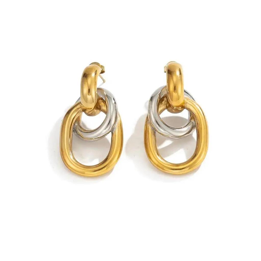 New Vintage Stainless Steel Double Circle Stud Earrings for Women Simple Irregular Elliptical Earrings Waterproof Jewelry