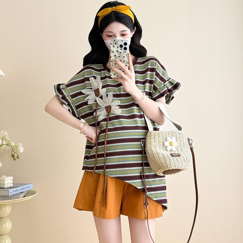2026 Casual Korean-Style Striped Maternity Top & Belly Support Shorts Set L
