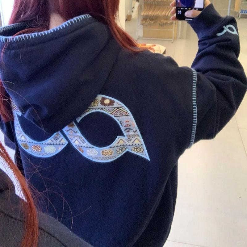 Female Clothing Letter Embroidery Hoodies Chic Drawstring Hooded Autumn Winter Fleece Spliced American Casual Loose Sweatshirts
