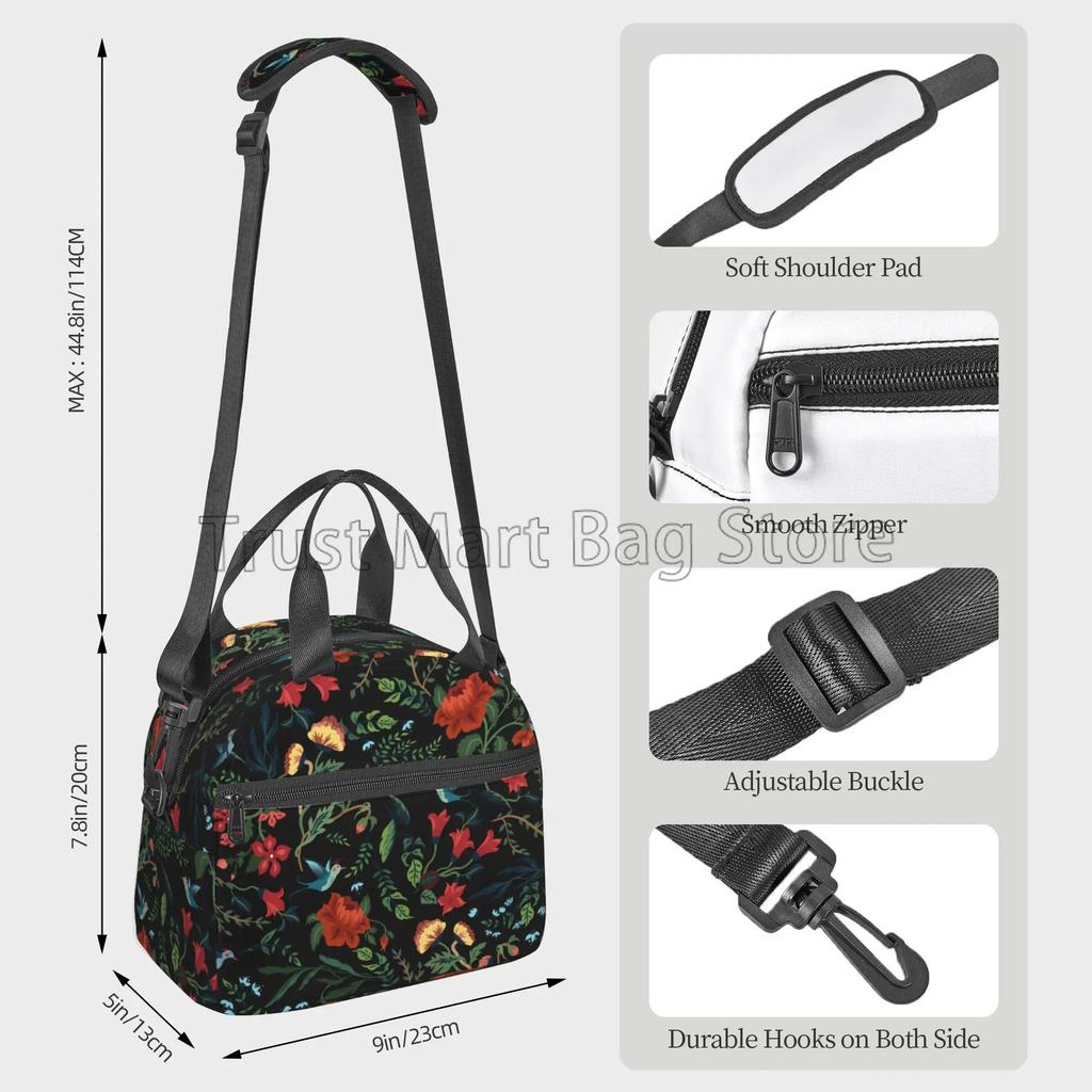 Florals Birds Black Insulated Lunch Bag Reusable Thermal Cooler Bento Tote with Detachable Shoulder Strap for Work Picnic Travel